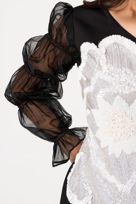 That Thing You Love_Black Neoprene, Organza Sequins, Embroidery V-neck Dual Flower Cutdana Dress _at_Aza_Fashions