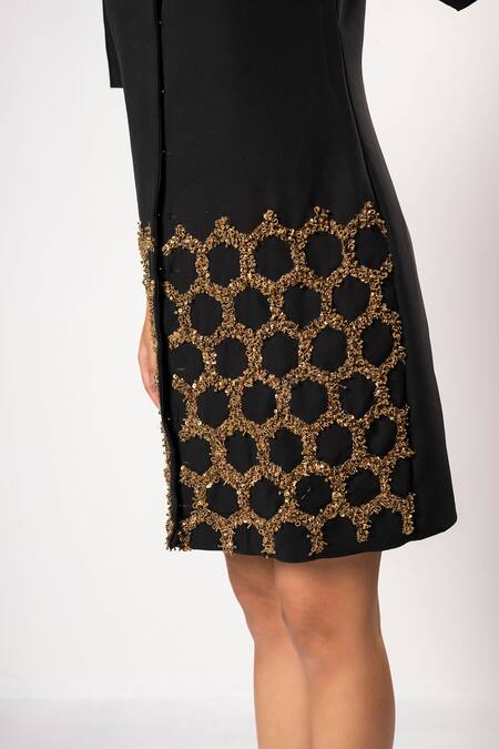 That Thing You Love_Black Crepe Embroidery Collared Honeycomb Embellished Dress _Online_at_Aza_Fashions