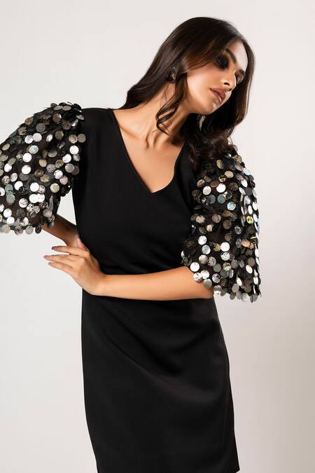Shop_That Thing You Love_Black Neoprene, Organza Sequins V-neck Designer Sdb Sleeves Dress _Online_at_Aza_Fashions