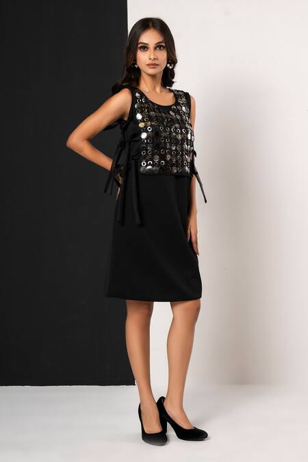 That Thing You Love_Black Neoprene, Organza Sequins Round Neck Designer Vest Dress _Online_at_Aza_Fashions
