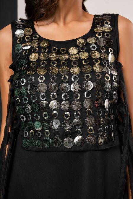 Shop_That Thing You Love_Black Neoprene, Organza Sequins Round Neck Designer Vest Dress _Online_at_Aza_Fashions