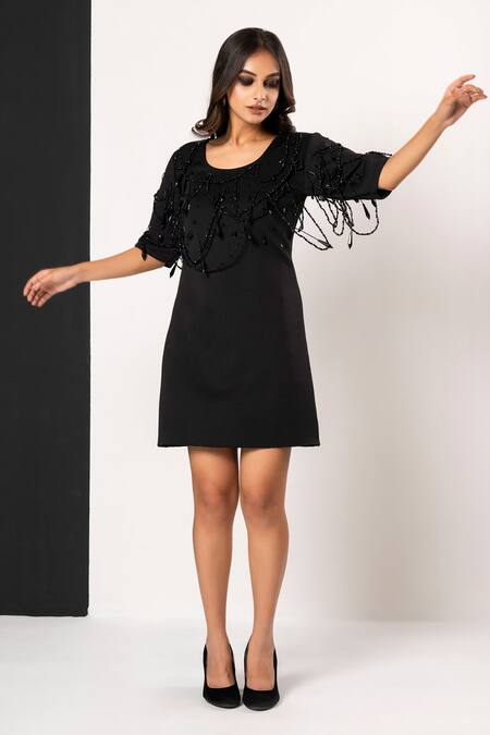 Buy_That Thing You Love_Black Neoprene Beads Round Neck Dress _Online_at_Aza_Fashions