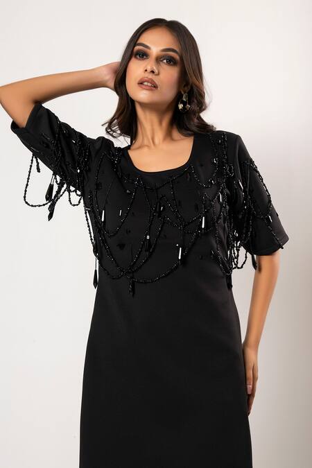 Shop_That Thing You Love_Black Neoprene Beads Round Neck Dress _Online_at_Aza_Fashions