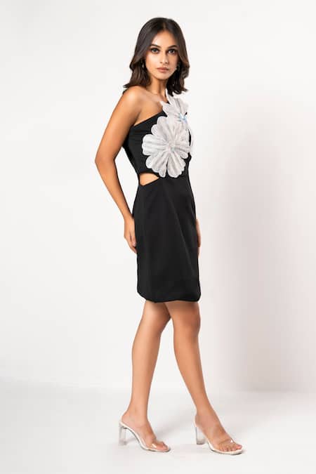 That Thing You Love_Black Neoprene Asymmetric Double Flower Dress _Online_at_Aza_Fashions