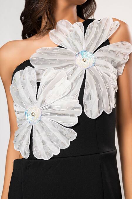 Shop_That Thing You Love_Black Neoprene Asymmetric Double Flower Dress _Online_at_Aza_Fashions