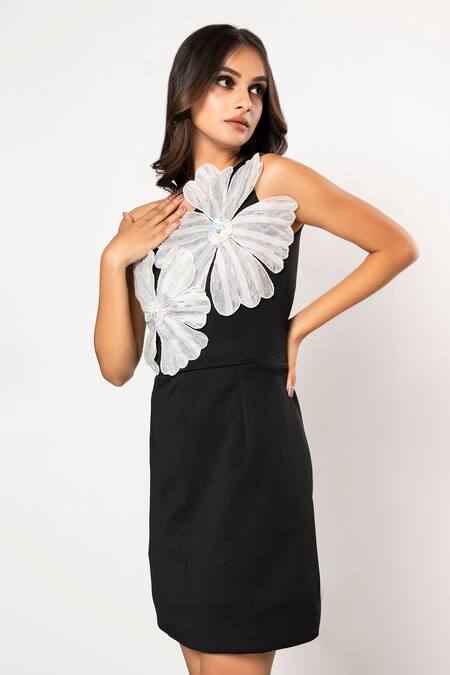 That Thing You Love_Black Neoprene Asymmetric Double Flower Dress _at_Aza_Fashions