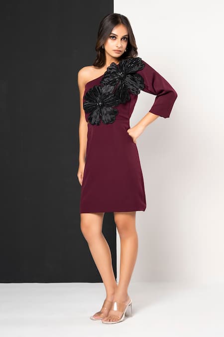 That Thing You Love_Maroon Neoprene Fabric Flowers One Shoulder Double Dress _Online_at_Aza_Fashions