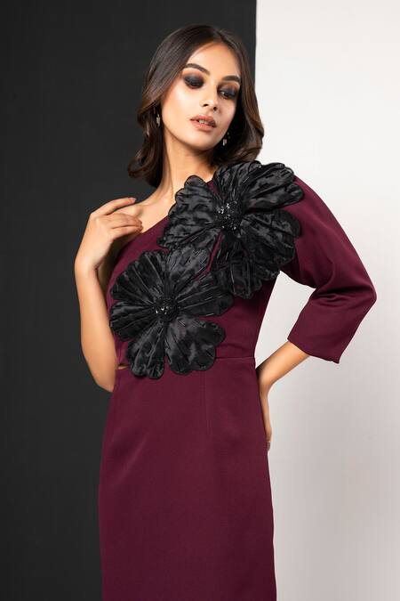 Buy_That Thing You Love_Maroon Neoprene Fabric Flowers One Shoulder Double Dress _Online_at_Aza_Fashions