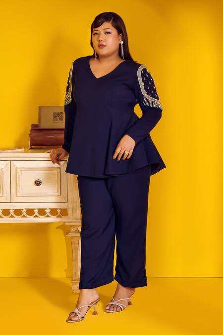 Shop Mamicha Navy Crepe Beads V-neck Blue Cipher Peplum Top And Pant Set at Aza Fashions Shop_Mamicha_Navy Crepe Beads V-neck Blue Cipher Peplum Top And Pant Set_at_Aza_Fashions