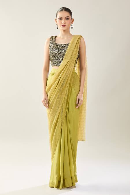 Buy_Samyukta Singhania_Green Sequins Square Neck Pre-draped Saree And Blouse Set _Online_at_Aza_Fashions