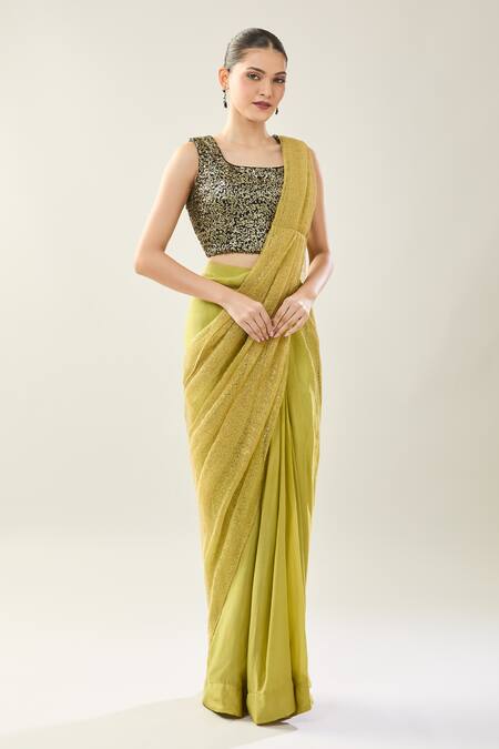 Shop_Samyukta Singhania_Green Sequins Square Neck Pre-draped Saree And Blouse Set _Online_at_Aza_Fashions