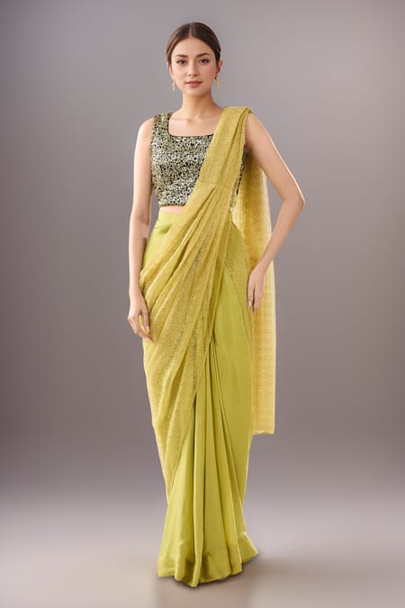 Samyukta Singhania Green Pre-Draped Saree & Blouse Set 
