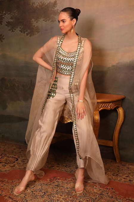 Jigya Japra Beige , Silk, Silk, Organza Mirrors Round Neck Cape Set 