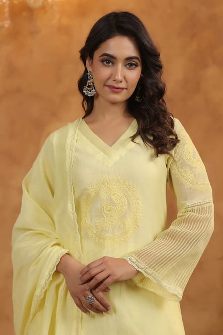 Buy_Anshu Wadhwa_Yellow , Silk Embroidery V-neck Designer Lemon Kurta Set 