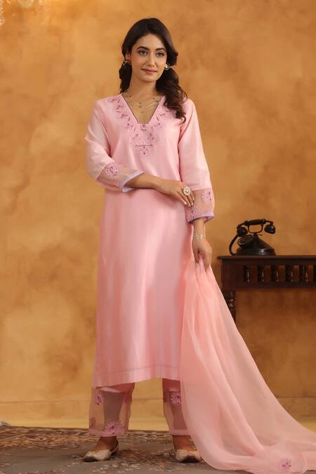 Shop_Anshu Wadhwa_Pink Chanderi Silk, Cotton, Organza Embroidery V-neck Kurta Set _Online_at_Aza_Fashions
