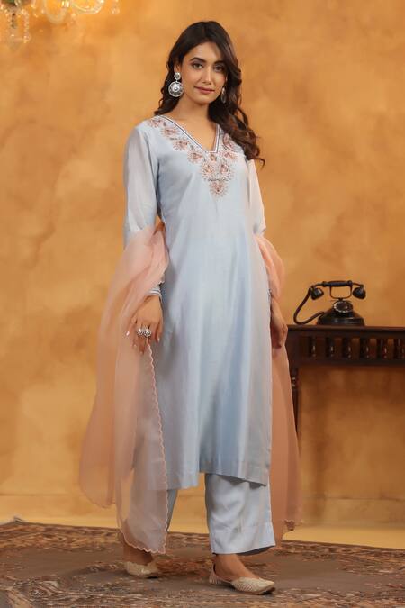 Shop_Anshu Wadhwa_Aqua Chanderi Silk, Cotton, Organza Embroidery V-neck Blue Kurta Set _Online_at_Aza_Fashions