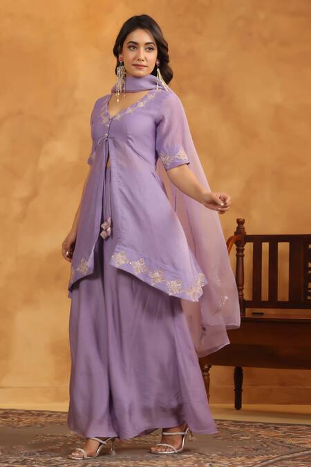 Buy Anshu Wadhwa Mauve Chanderi, Muslin, Organza Embroidery Split V-neck Kurta Set With Dupatta Online at Aza Fashions Buy_Anshu Wadhwa_Mauve Chanderi, Muslin, Organza Embroidery Split V-neck Kurta Set With Dupatta_Online_at_Aza_Fashions