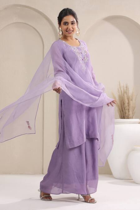 Shop_Anshu Wadhwa_Mauve Chanderi, Muslin, Organza Embroidery Round Neck Kurta Set With Dupatta _Online_at_Aza_Fashions