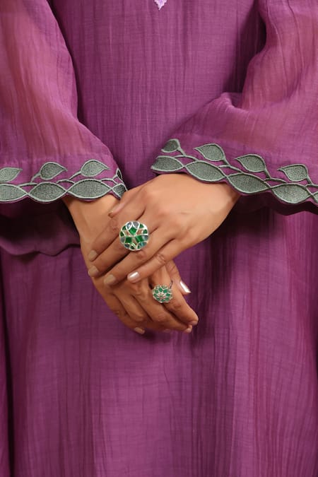 Buy_Anshu Wadhwa_Purple Chanderi, Cotton Embroidery V-neck Dark Kurta Set 