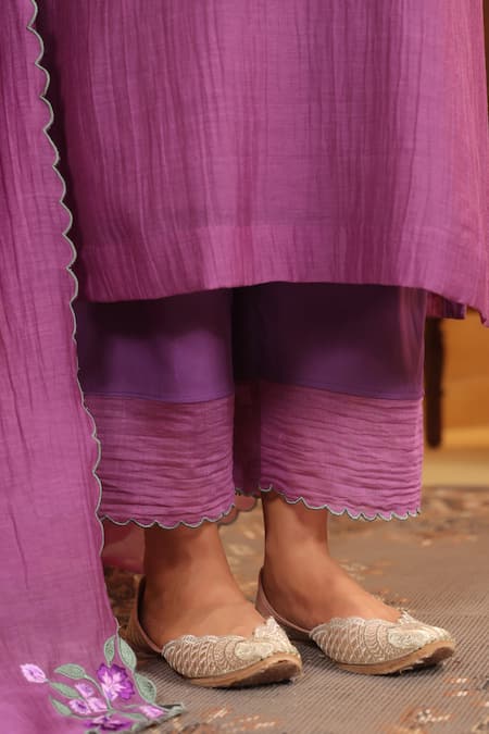 Shop_Anshu Wadhwa_Purple Chanderi, Cotton Embroidery V-neck Dark Kurta Set 
