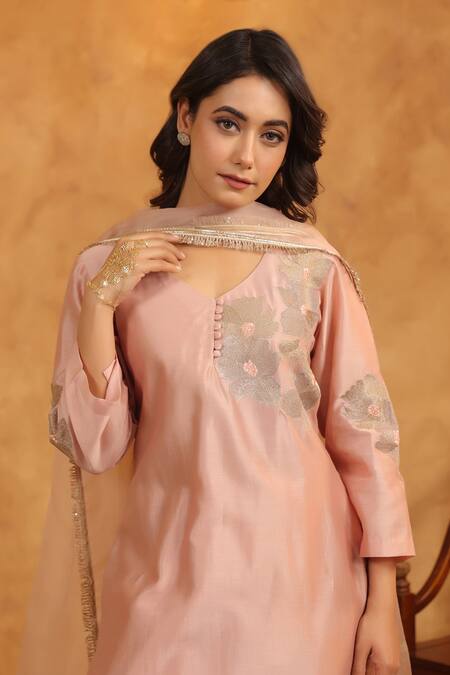 Anshu Wadhwa_Rose Gold Chanderi Silk, Cotton, Organza Embroidery Round Neck Kurta Set _Online_at_Aza_Fashions