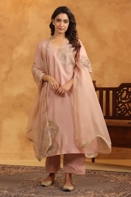 Shop_Anshu Wadhwa_Rose Gold Chanderi Silk, Cotton, Organza Embroidery Round Neck Kurta Set _Online_at_Aza_Fashions