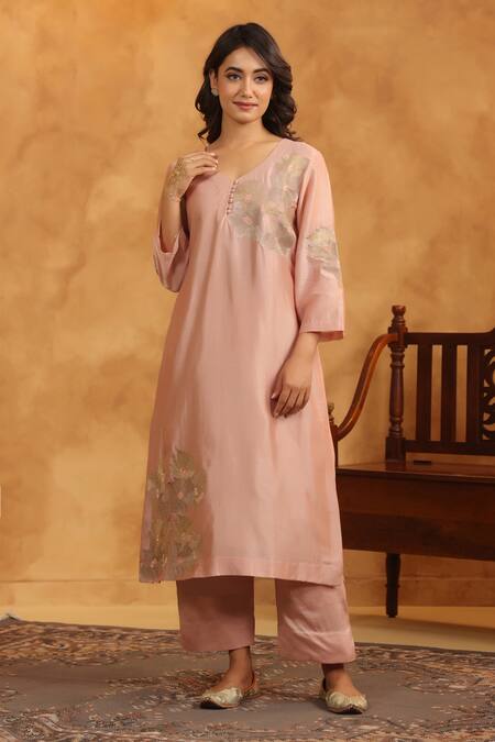 Anshu Wadhwa_Rose Gold Chanderi Silk, Cotton, Organza Embroidery Round Neck Kurta Set _at_Aza_Fashions