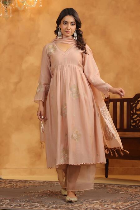 Shop_Anshu Wadhwa_Peach Chanderi, Cotton Embroidery V-neck Kurta Set _Online_at_Aza_Fashions