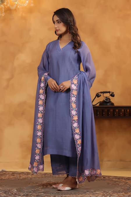 Shop_Anshu Wadhwa_Blue Chanderi, Cotton Embroidery V-neck Indigo Moon Kurta Set _Online_at_Aza_Fashions