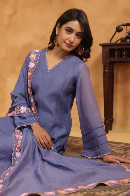 Anshu Wadhwa_Blue Chanderi, Cotton Embroidery V-neck Indigo Moon Kurta Set _at_Aza_Fashions