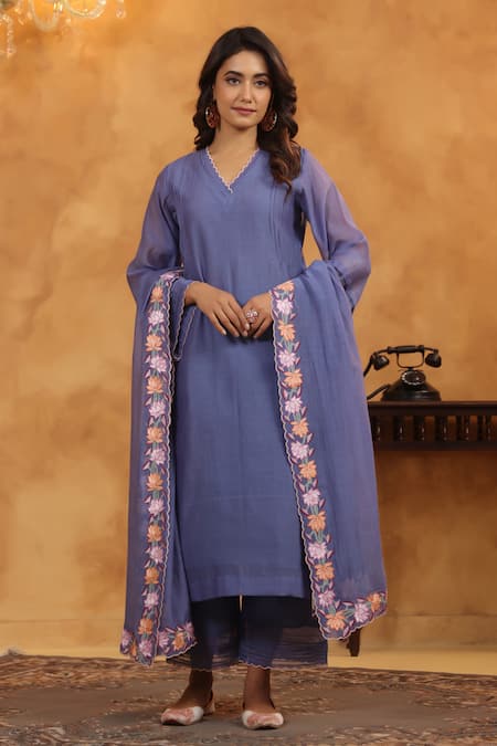 Buy_Anshu Wadhwa_Blue Chanderi, Cotton Embroidery V-neck Indigo Moon Kurta Set 