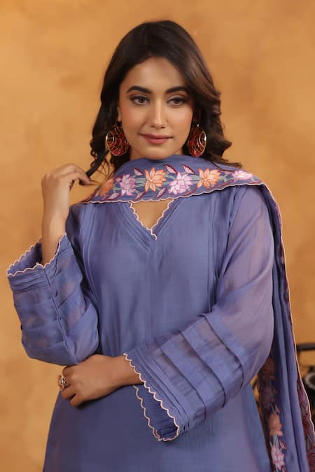 Shop_Anshu Wadhwa_Blue Chanderi, Cotton Embroidery V-neck Indigo Moon Kurta Set 