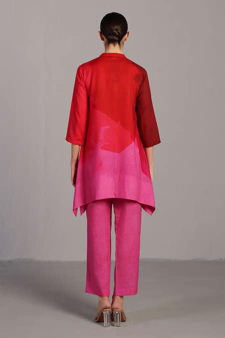 Shop_Clos_Fuchsia Linen Round Neck Pink Designer Kurta And Pant Set _at_Aza_Fashions