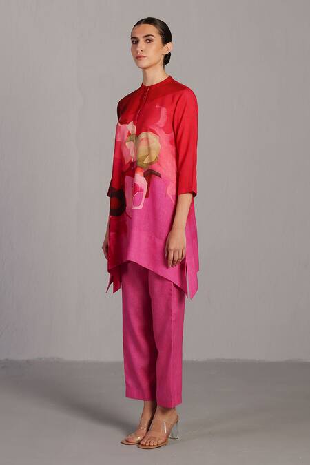 Clos_Fuchsia Linen Round Neck Pink Designer Kurta And Pant Set _Online_at_Aza_Fashions