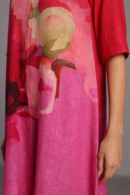 Shop_Clos_Fuchsia Linen Round Neck Pink Designer Kurta And Pant Set _Online_at_Aza_Fashions