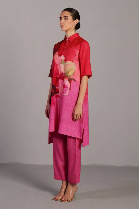 Clos_Fuchsia Collared Pink Designer Kurta And Pant Set _Online_at_Aza_Fashions