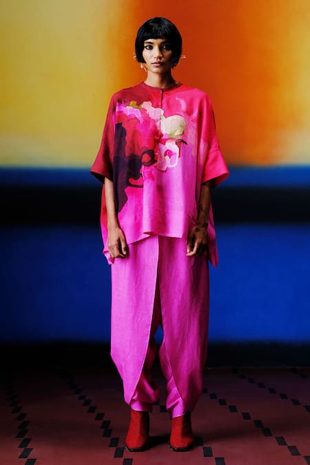 Buy_Clos_Fuchsia Round Neck Pink Designer Kaftan And Dhoti Set _Online_at_Aza_Fashions