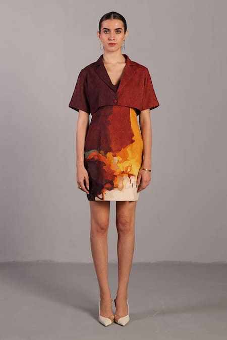 Clos Brown & Ochre Designer Dress with Jacket 