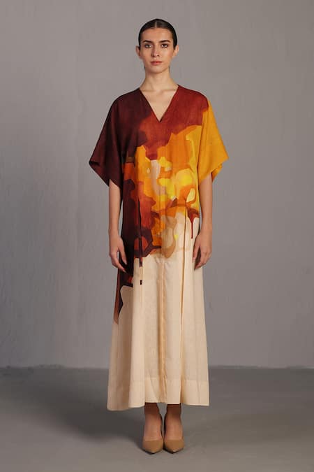 Clos Brown Linen V-neck Abstract Print Korean Dress