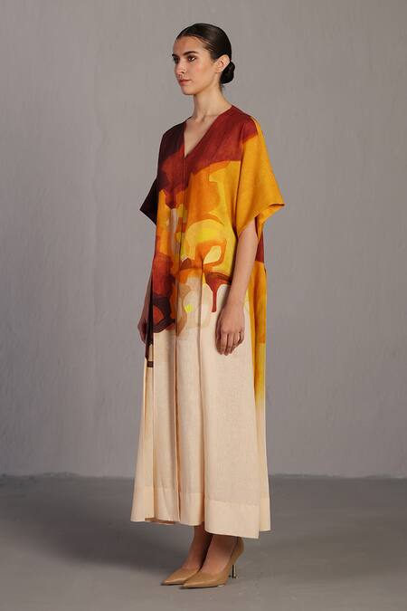 Clos_Brown Linen V-neck Abstract Print Korean Dress _Online_at_Aza_Fashions