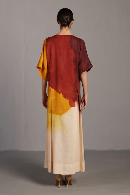 Shop_Clos_Brown Linen V-neck Abstract Print Korean Dress _at_Aza_Fashions