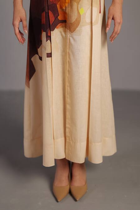 Buy_Clos_Brown Linen V-neck Abstract Print Korean Dress _Online_at_Aza_Fashions