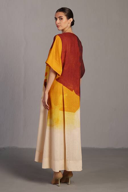 Shop_Clos_Brown Linen V-neck Abstract Print Korean Dress _Online_at_Aza_Fashions