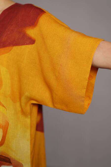 Clos_Brown Linen V-neck Abstract Print Korean Dress _at_Aza_Fashions