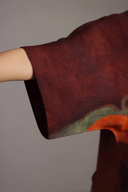 Buy_Clos_Brown Linen V-neck Abstract Print Korean Dress 