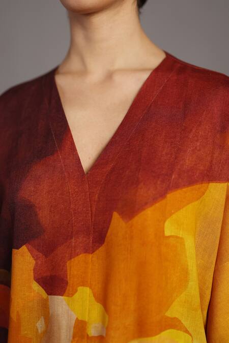 Shop_Clos_Brown Linen V-neck Abstract Print Korean Dress 