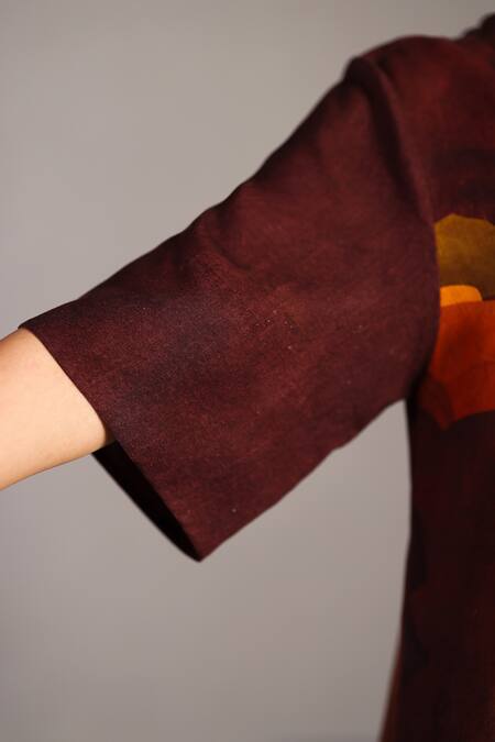 Clos_Brown V-neck And Ochre Korean Linen Kurta Pant Set _Online_at_Aza_Fashions