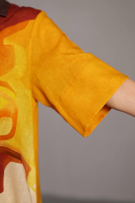 Shop_Clos_Brown V-neck And Ochre Korean Linen Kurta Pant Set _Online_at_Aza_Fashions