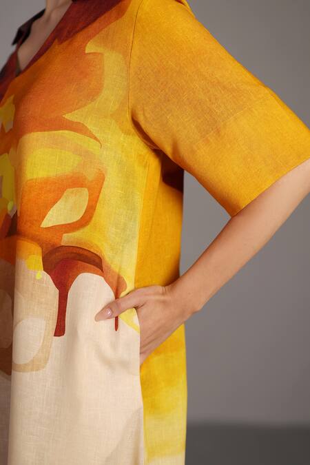 Clos_Brown V-neck And Ochre Korean Linen Kurta Pant Set _at_Aza_Fashions