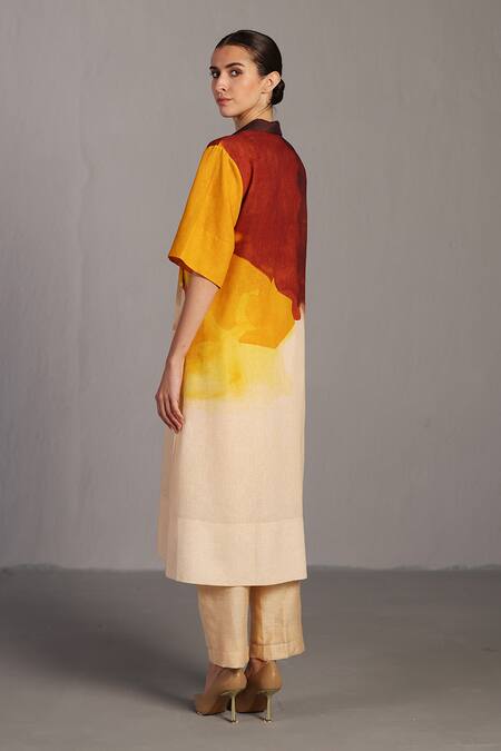 Buy_Clos_Brown V-neck And Ochre Korean Linen Kurta Pant Set 